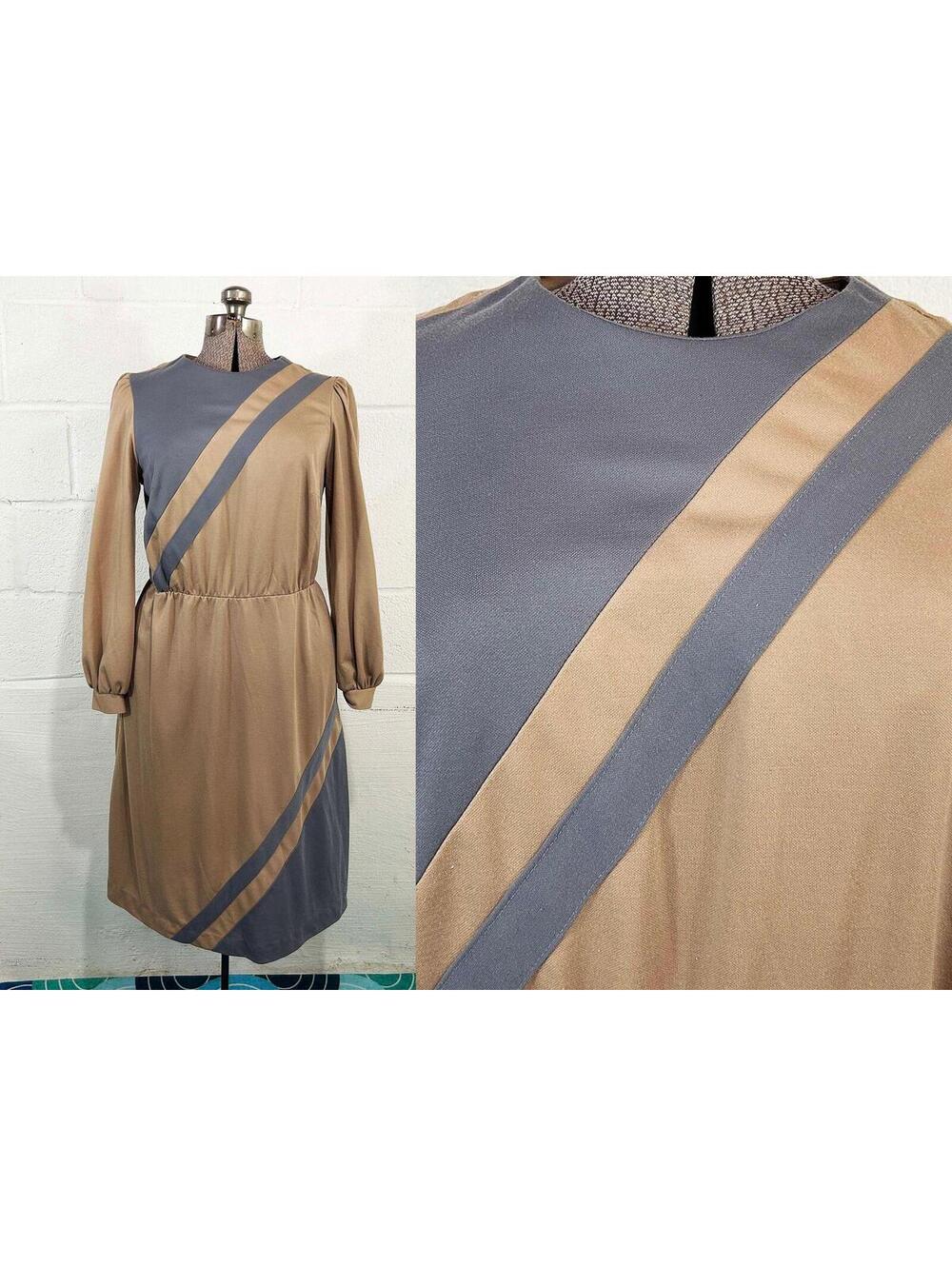 Vintage Tan Gray Dress Work Appropriate Striped Chevron 1970s 1980s Large